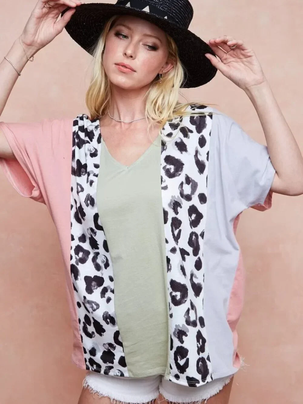 BiBi Cotton Span Knit With Leopard Color Block Top